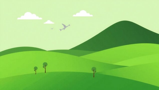 Serene green hillscape with flying bird