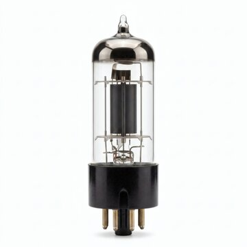 Vintage vacuum tube with glass envelope and internal electrodes on a white background.