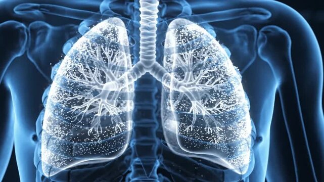 Digital Glowing Lungs Model Formed by Shiny Sparkling Particles. 4K Video