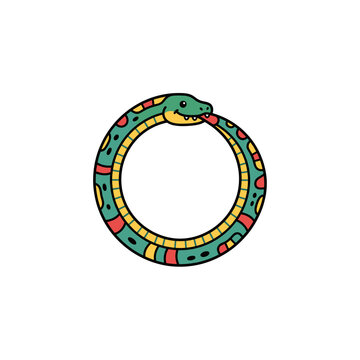 Minimalist vector illustration of cute cartoon snake forming circle biting its tail ouroboros emblem