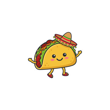 Minimalist vector illustration of cute cartoon taco character wearing tiny sombrero hat