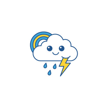 Minimalist vector illustration of cute cartoon rain cloud character with rainbow and lightning bolt