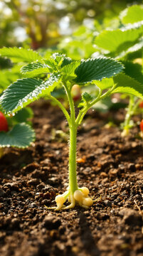 Strawberry Runner Growth Showing Asexual Plant Reproduction In A Garden Soil Bed
