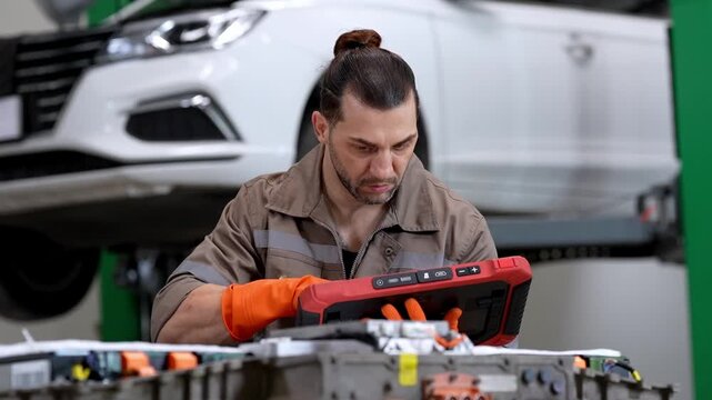 Electric vehicle technician diagnosing high voltage battery module with digital scanner in workshop