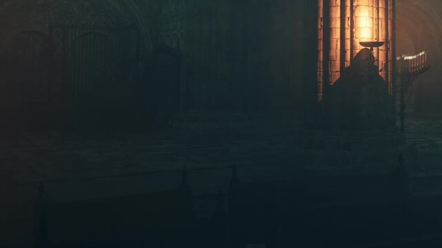 A large room with dim lighting. A bright light source is seen on a wall. Shadows fill the space, and some details are hard to see. There is a feeling of depth in the room.
