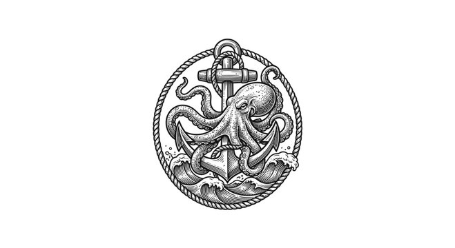 Simple octopus and anchor nautical circle logo.