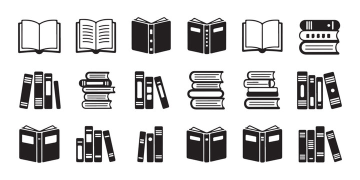 Large set of book icons featuring open pages and stacked volumes for educational or library app design.