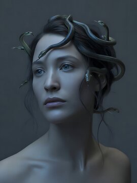Dramatic portrait of woman depicted as Medusa with small snakes entwined in hair in studio setting