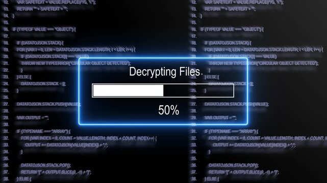 Advanced cyber security interface displaying decrypting files progress bar with glowing blue neon frame overlaid on scrolling binary code background, for high-tech software, development and data