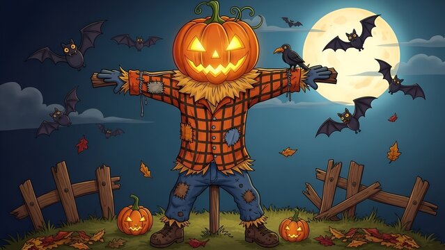 Cartoon scarecrow with pumpkin head and bats under moon halloween night