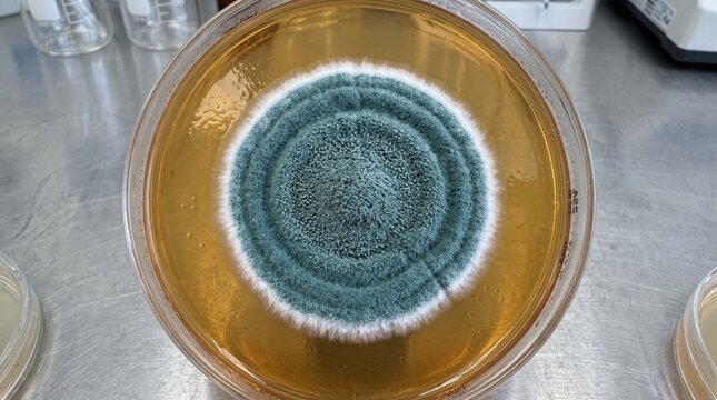 Penicillium mold colony blue green concentric growth texture