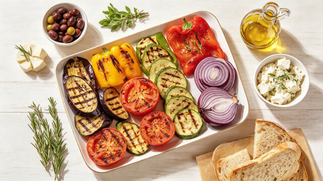 Mediterranean grilled vegetables platter with olives, feta cheese, olive oil and bread on white wooden table