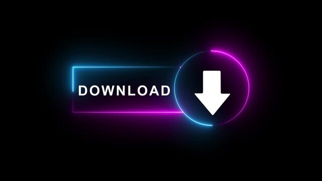 neon download button arrow icon animation. 4k motion animation black background.