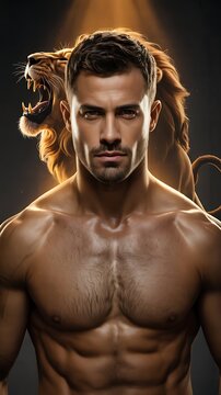 Muscular man posing in front of roaring lion background with fierce powerful concept