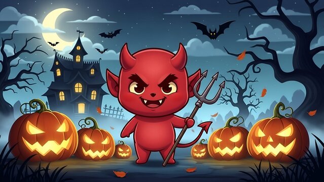 Cartoon devil with pitchfork beside halloween pumpkins and haunted house