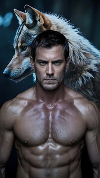 Muscular shirtless man posing with wolf standing behind him with wild dramatic mood