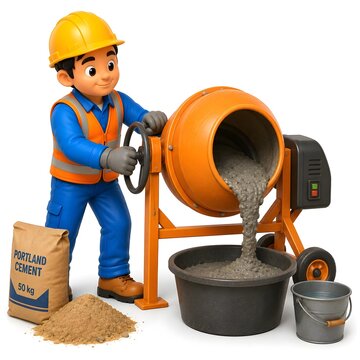 3D cartoon construction worker operating an orange cement mixer, surrounded by wet concrete, cement bags, sand, buckets, and essential construction equipment nearby.