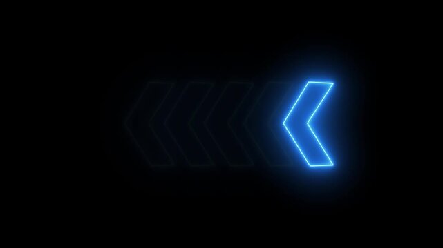 Glowing neon light arrow left direction icon. Abstract glowing neon flashing  back arrow loading animation. Seamless loop 4k motion video with alpha channel.
