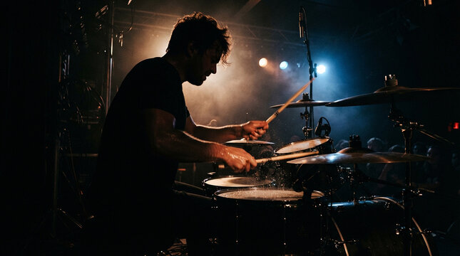 Drummer performing live on a dark stage with dramatic lighting