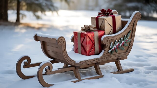 Classic wooden sleigh filled with wrapped Christmas gift boxes sitting in snow-covered winter forest