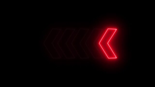 Glowing neon light arrow left direction icon. Abstract glowing neon flashing  back arrow loading animation. Seamless loop 4k motion video with alpha channel.