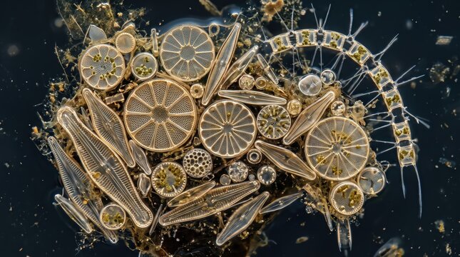 Diatom colony silica glass frustule microscopy golden texture
