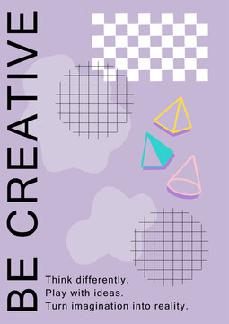 チェック柄と幾何学模様の「BE CREATIVE」ポスターイラスト（紫）