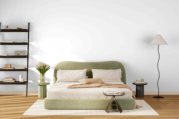 Contemporary Bedroom Wall Mockup PNG with Sage Green Upholstered Bed and Open Bookshelf, Transparent Background, Soft Shadows © Tuyet