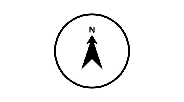 Circular black north arrow compass symbol.