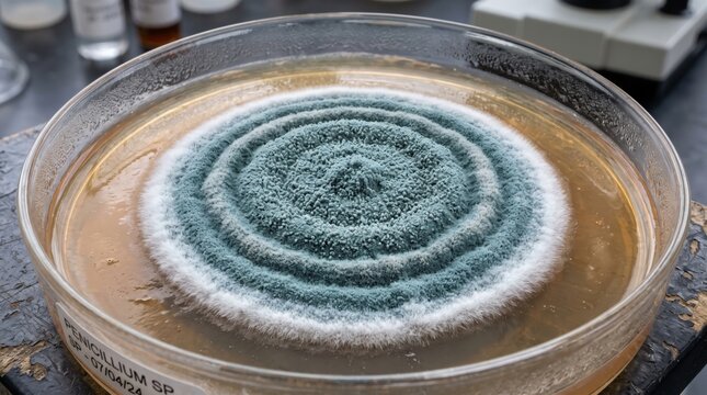 Penicillium mold colony blue green concentric growth texture