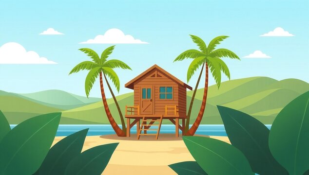 Tropical beach hut between palm trees