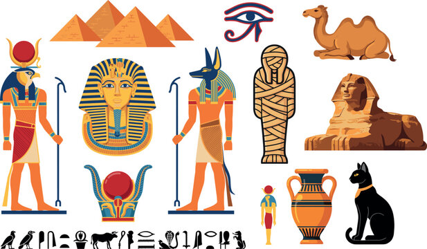 Ancient Egypt vector illustration set featuring pyramids sphinx pharaoh mummy anubis ra cat deity and hieroglyphs elements