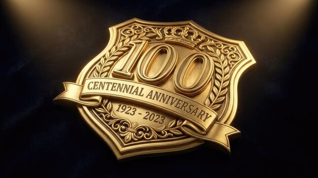 Golden 100th Centennial Anniversary shield badge with laurel.