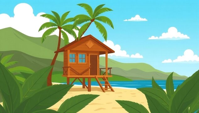 Tropical beach hut under palm tree