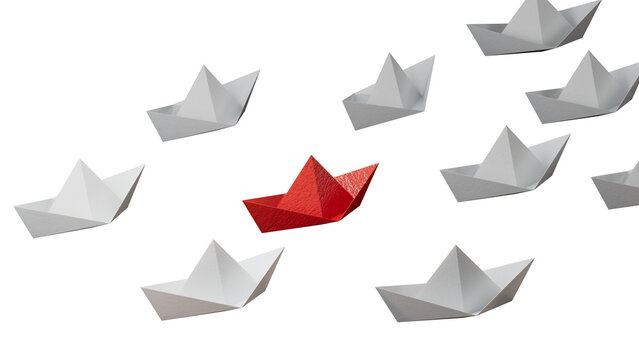 Different business concept.new ideas. paper art style. creative idea. red leader boat, standing out from the crowd of white boats.Supports PNG files with transparent backgrounds.