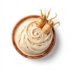 Fototapeta premium Korean red ginseng ice cream with herbal swirl and ginseng isolated on a white background