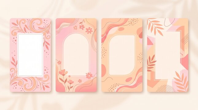 A set of four vertical pastel pink and peach social media story templates featuring aesthetic floral designs, abstract shapes, and blank frames for content.
