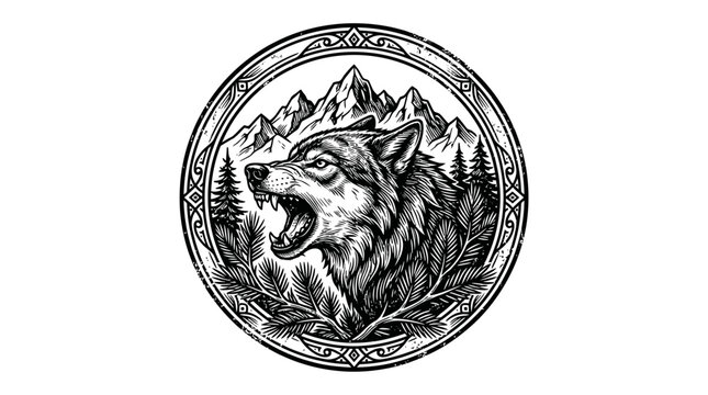 Howling wolf head with forest and mountain scene.