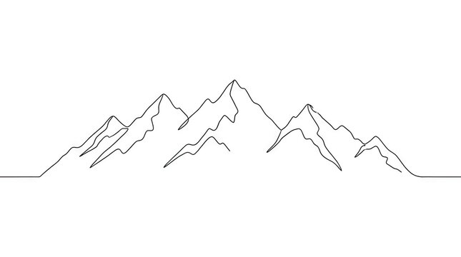 Minimal continuous line drawing of mountain range peaks.