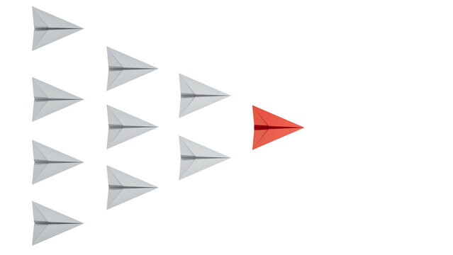 Different business concept.new ideas. paper art style.Leaderplane concept with red paper plane leading among white planes.Supports PNG files with transparent backgrounds.