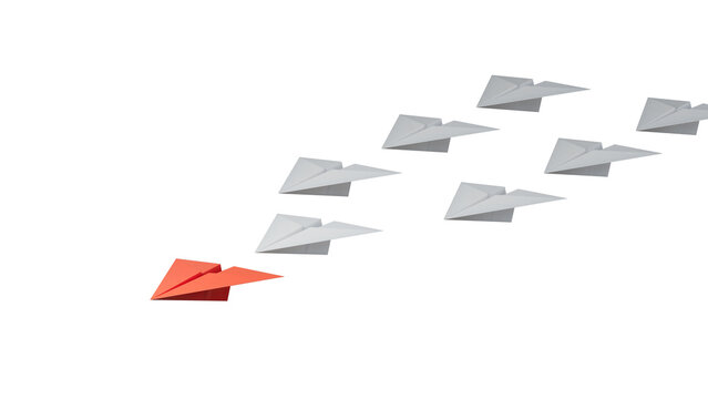 Individuality concept. Individual and unique leader red paper plane flies to the side. 3D illustration.Supports PNG files with transparent backgrounds.