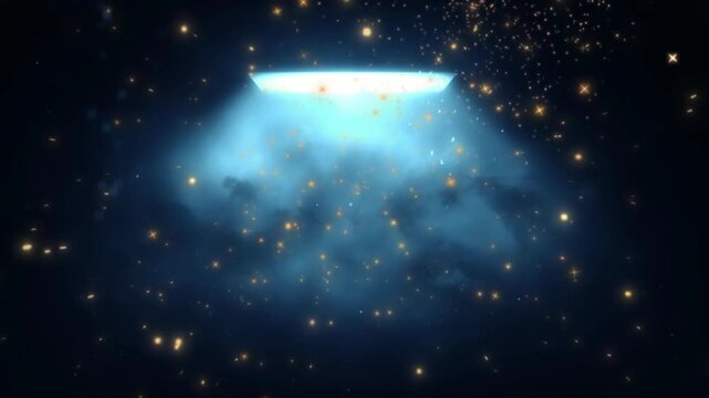 Blue light beams downward from a horizontal fixture surrounded by floating yellow particles in darkness.