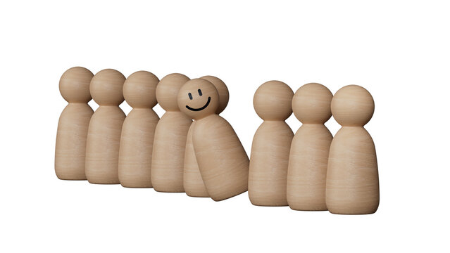 Business team leadership with one person standing out from the crowd with a motivational speech concept. Wooden business team with one person standing out from the crowd concept.