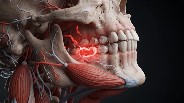 Human Jaw Anatomy Displaying Glowing Red Toothache Joint Pain. 4K Video