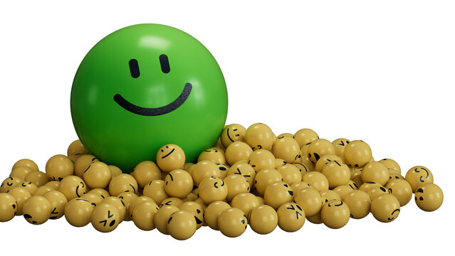 BIG SMILL YELLOW face in a group of smileys - 3d Illustration..Supports PNG files with transparent backgrounds.