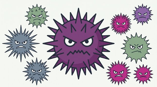 An illustration of angry, spiky cartoon viruses in multiple colors.
