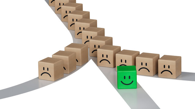 GREEN leader in business way.Wood cube with smile, normal and sad face. Facial expressions. Mental health assessment.Supports PNG files with transparent backgrounds.