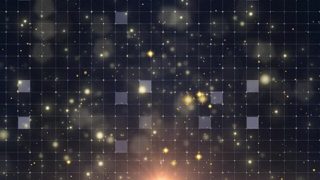 Digital grid pattern overlays a dark surface filled with floating golden particles and bokeh lights.