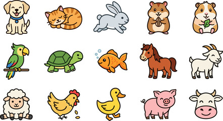 Obraz premium Cute Farm Pets Dog Cat Rabbit Hamster Guinea Pig Parrot Turtle Goldfish Horse Goat Sheep Chicken Duck Pig Cow Sitting