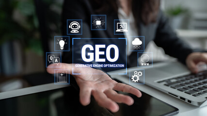 Naklejka premium Business Professional Engaging with Generative Engine Optimization Concepts in Modern Office Environment with Technology Icons Fluxor.